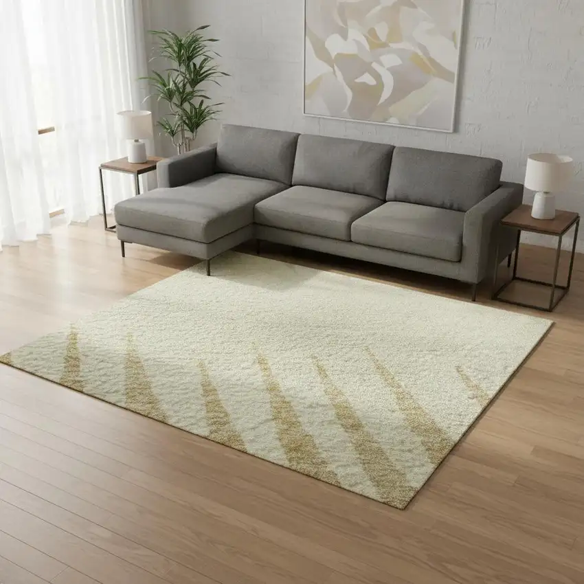 Taupe Gold And Beige Striped Washable Area Rug With UV Protection Photo 2
