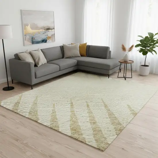 Taupe Gold And Beige Striped Washable Area Rug With UV Protection Photo 2