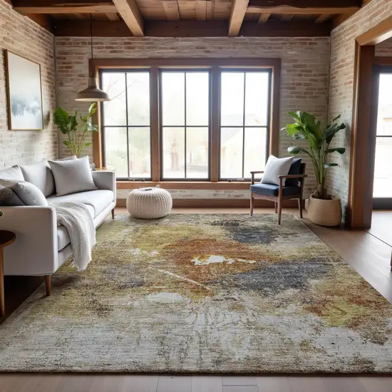 Taupe Gold And Blue Abstract Washable Area Rug With UV Protection Photo 3