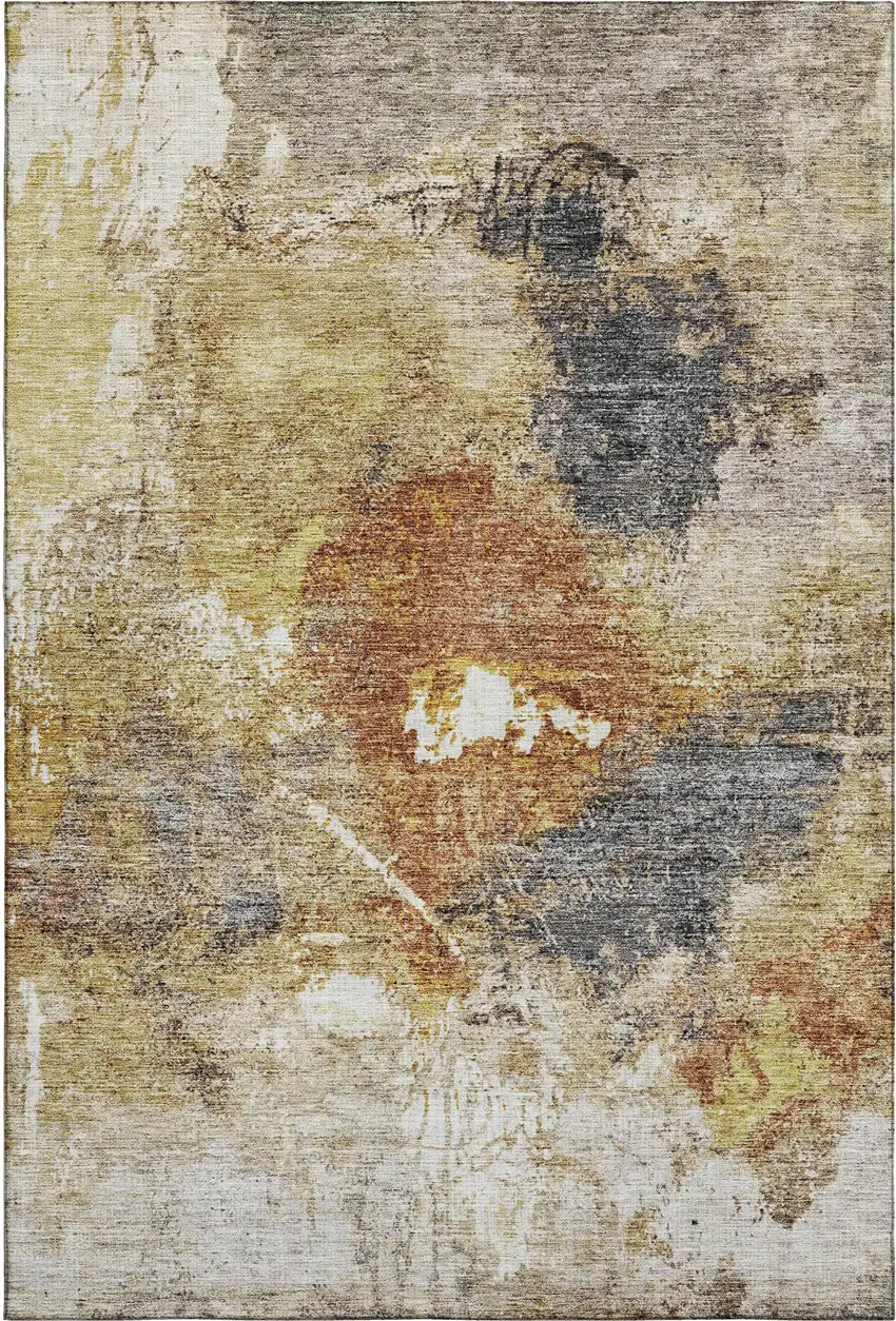 Taupe Gold And Blue Abstract Washable Area Rug With UV Protection Photo 5