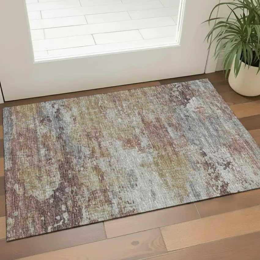 Taupe Gold And Blue Abstract Washable Area Rug With UV Protection Photo 2