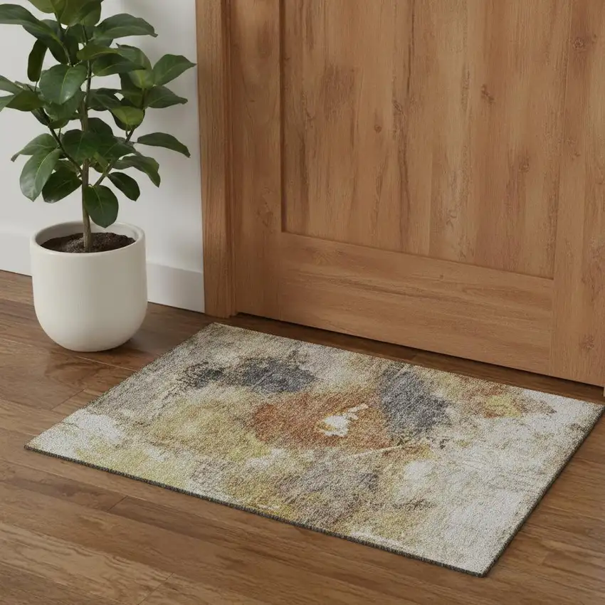 Taupe Gold And Blue Abstract Washable Area Rug With UV Protection Photo 1