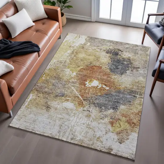 Taupe Gold And Blue Abstract Washable Area Rug With UV Protection Photo 3
