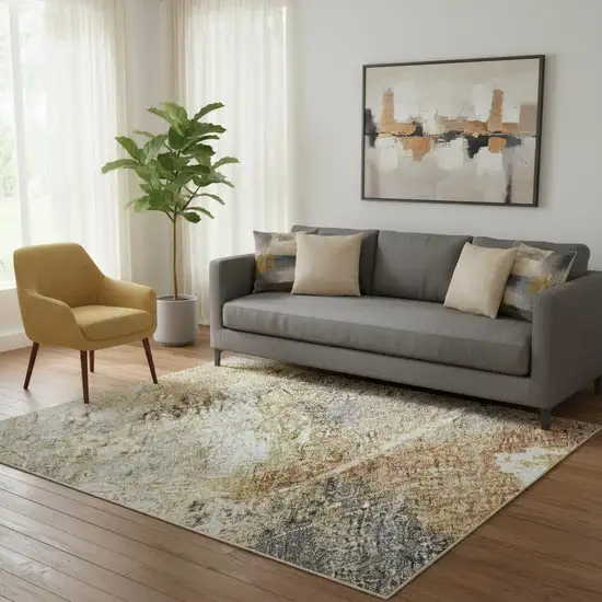 Taupe Gold And Blue Abstract Washable Area Rug With UV Protection Photo 2