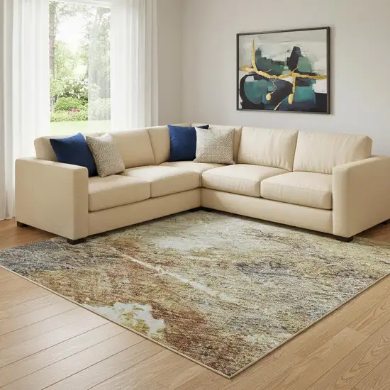 Taupe Gold And Blue Abstract Washable Area Rug With UV Protection Photo 2