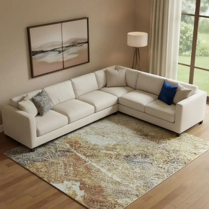 Taupe Gold And Blue Abstract Washable Area Rug With UV Protection Photo 2