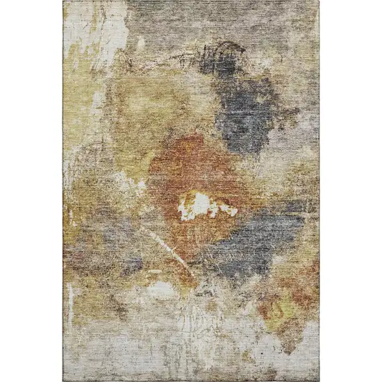 Taupe Gold And Blue Abstract Washable Area Rug With UV Protection Photo 5