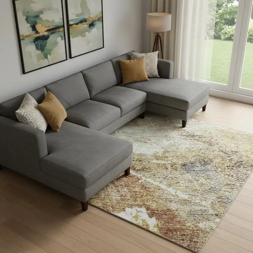 Taupe Gold And Blue Abstract Washable Area Rug With UV Protection Photo 2