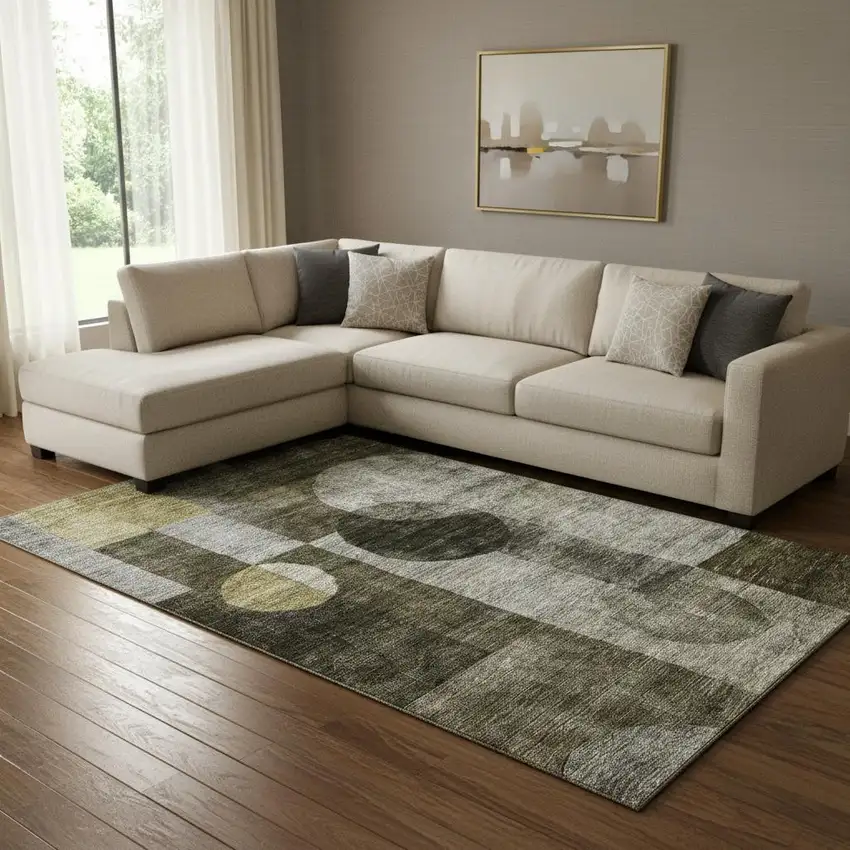 Taupe Gold And Brown Geometric Washable Area Rug With UV Protection Photo 2