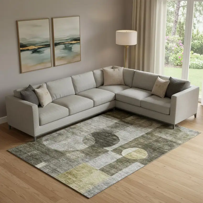 Taupe Gold And Brown Geometric Washable Area Rug With UV Protection Photo 2