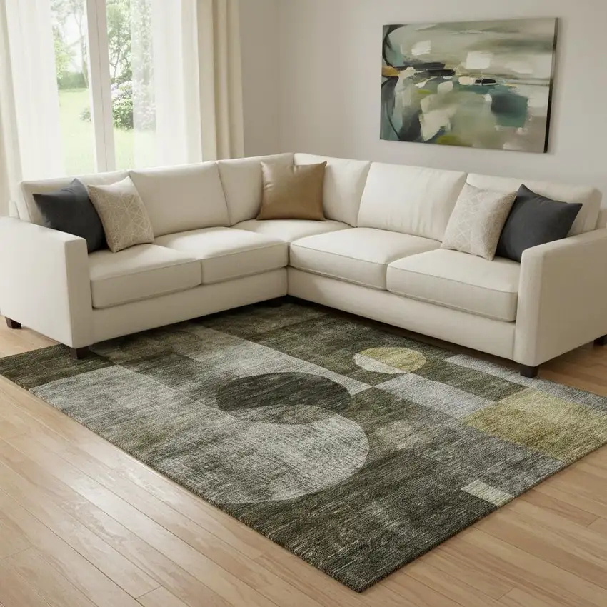 Taupe Gold And Brown Geometric Washable Area Rug With UV Protection Photo 2