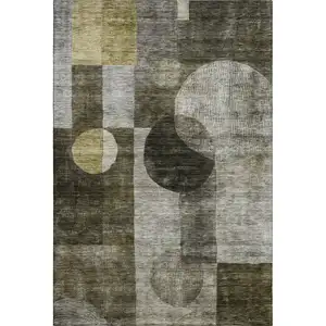 Photo of Taupe Gold And Brown Geometric Washable Area Rug With UV Protection