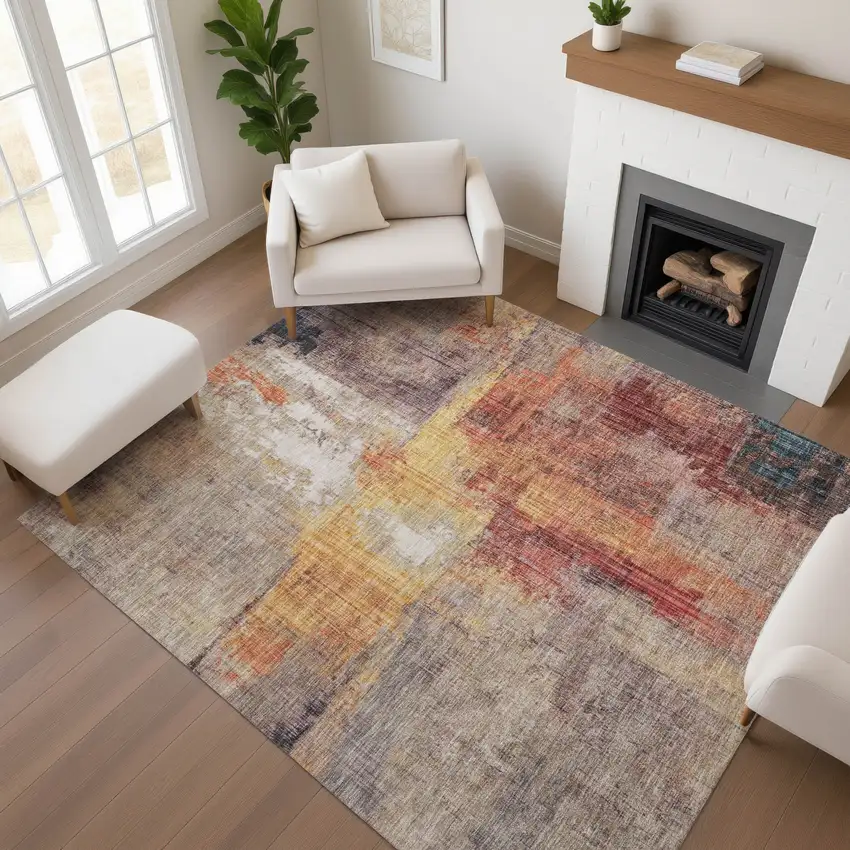 Taupe Gold And Copper Abstract Washable Area Rug With UV Protection Photo 2