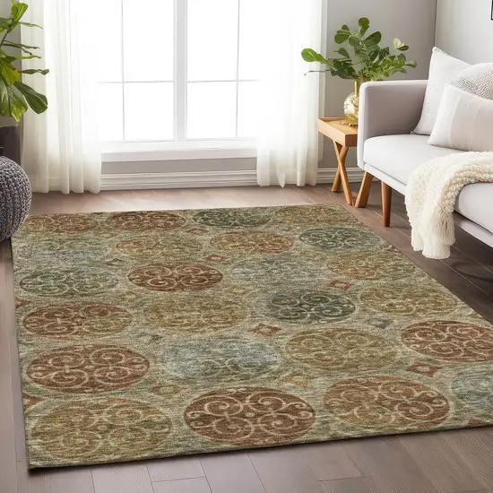 Taupe Gold And Copper Medallion Washable Area Rug With UV Protection Photo 4