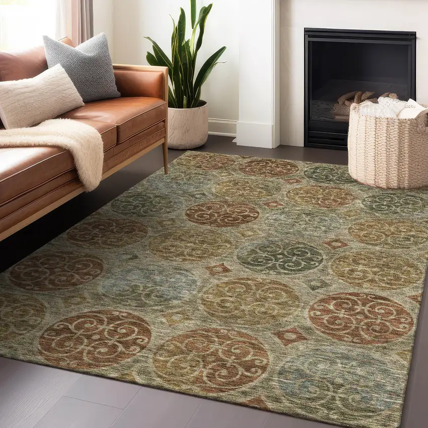 Taupe Gold And Copper Medallion Washable Area Rug With UV Protection Photo 5