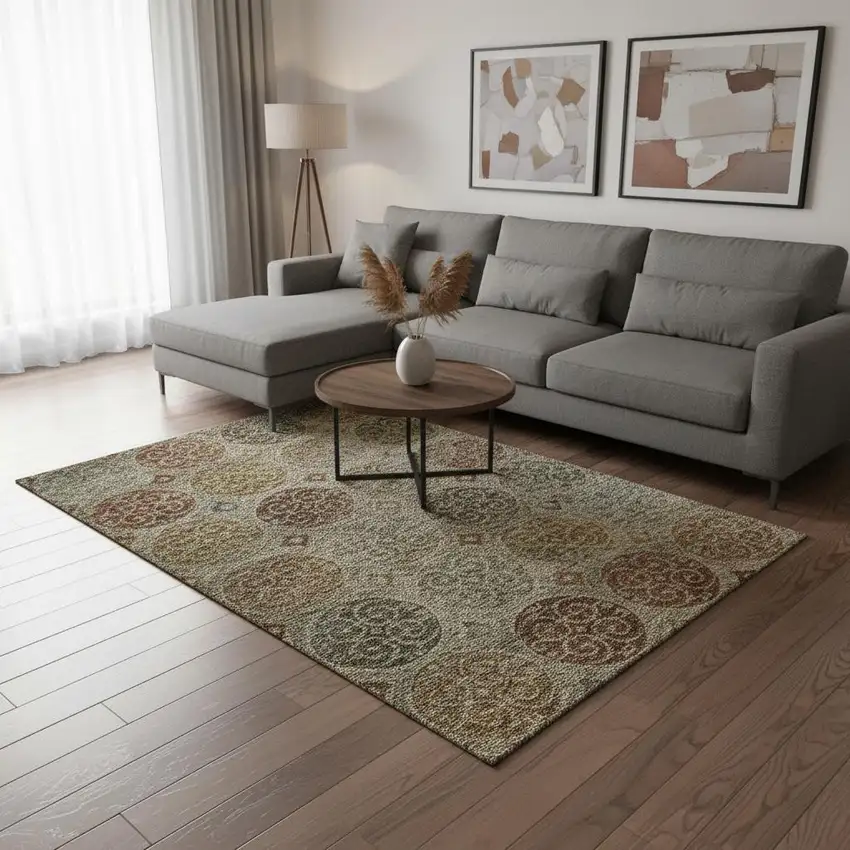 Taupe Gold And Copper Medallion Washable Area Rug With UV Protection Photo 2