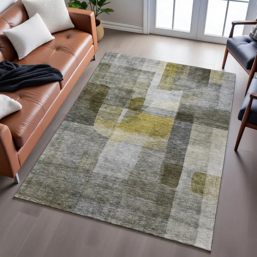Taupe Gold And Gray Abstract Washable Area Rug With UV Protection Photo 1