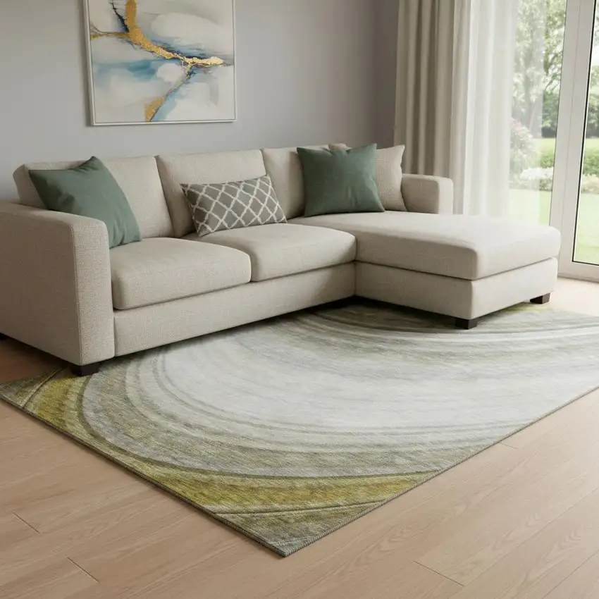 Taupe Gold And Gray Ombre Washable Area Rug With UV Protection Photo 1