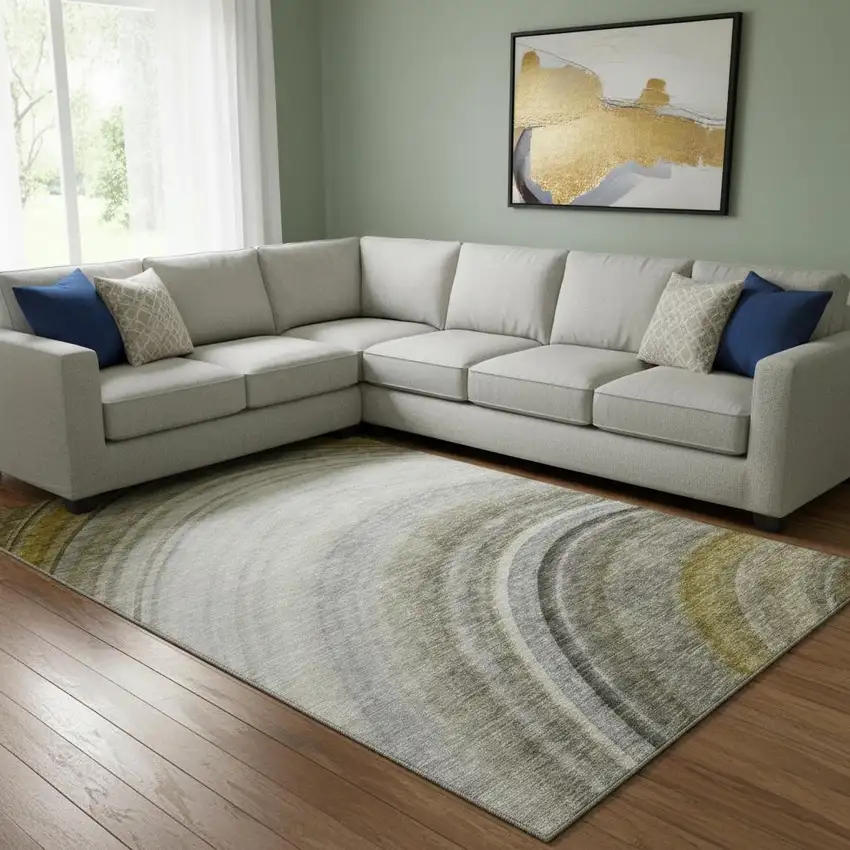 Taupe Gold And Gray Ombre Washable Area Rug With UV Protection Photo 1