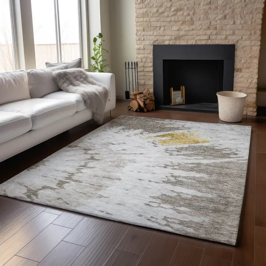 Taupe Gold And Ivory Abstract Washable Area Rug With UV Protection Photo 4