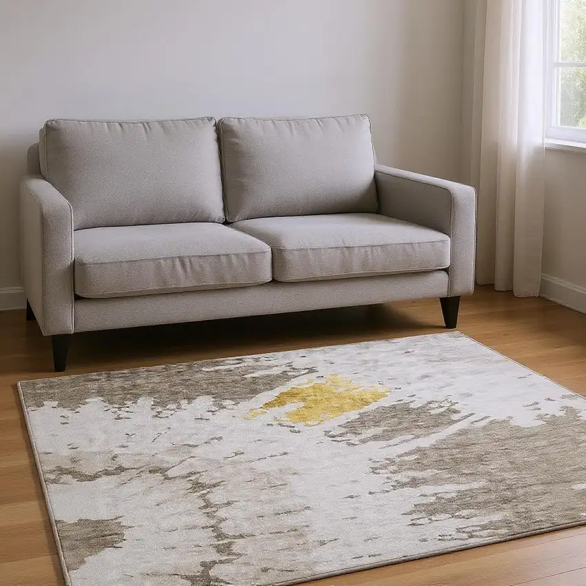 Taupe Gold And Ivory Abstract Washable Area Rug With UV Protection Photo 2