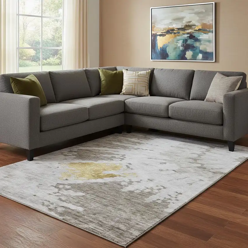 Taupe Gold And Ivory Abstract Washable Area Rug With UV Protection Photo 1