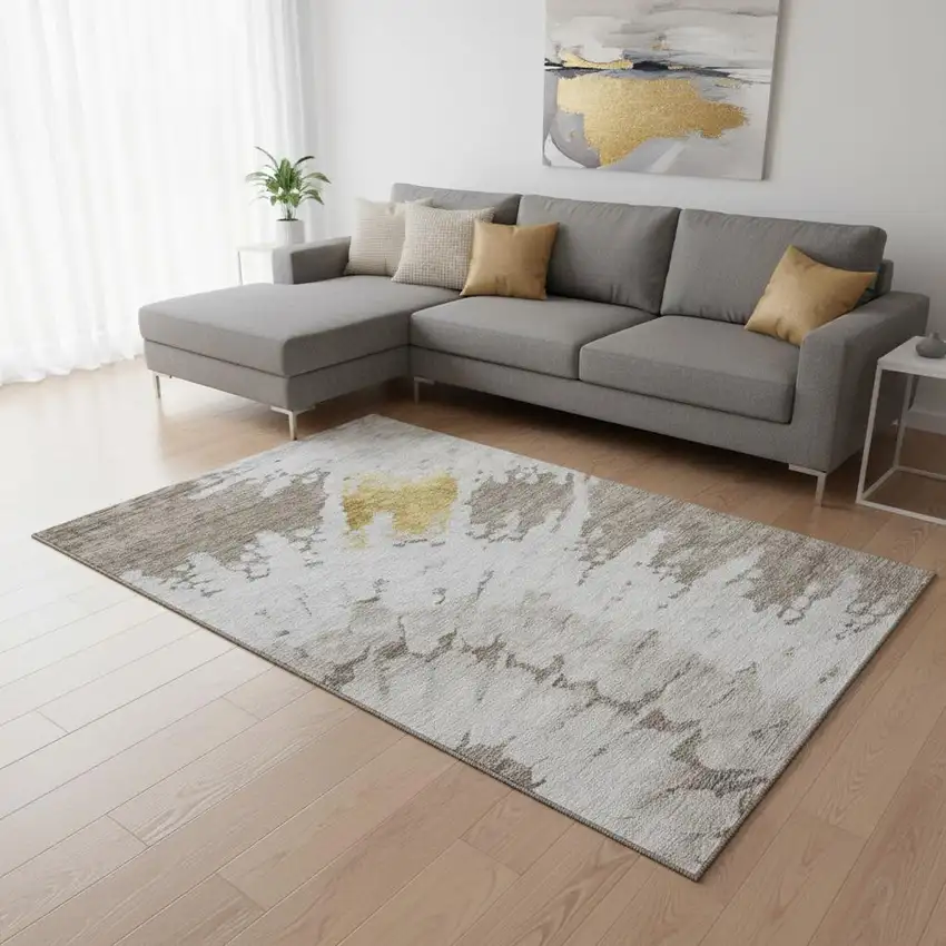Taupe Gold And Ivory Abstract Washable Area Rug With UV Protection Photo 2