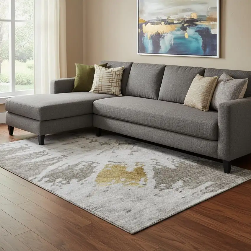 Taupe Gold And Ivory Abstract Washable Area Rug With UV Protection Photo 1