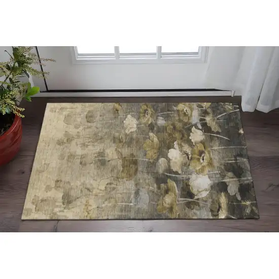 Taupe Gold And Ivory Floral Washable Area Rug With UV Protection Photo 2