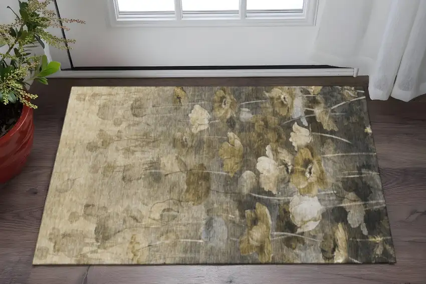 Taupe Gold And Ivory Floral Washable Area Rug With UV Protection Photo 2