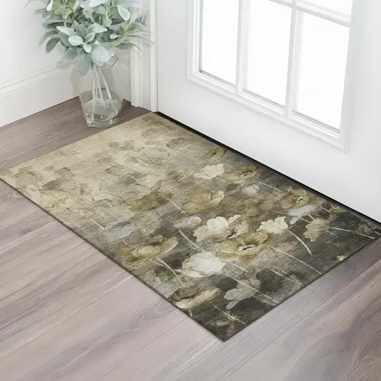 Taupe Gold And Ivory Floral Washable Area Rug With UV Protection Photo 1