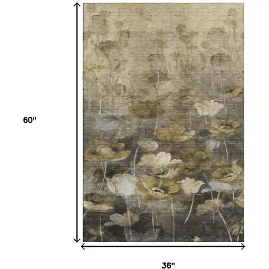 Taupe Gold And Ivory Floral Washable Area Rug With UV Protection Photo 9