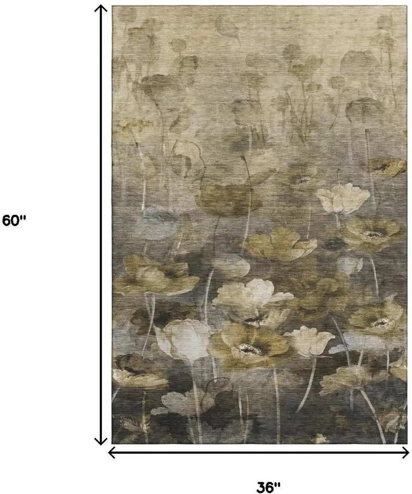 Taupe Gold And Ivory Floral Washable Area Rug With UV Protection Photo 9