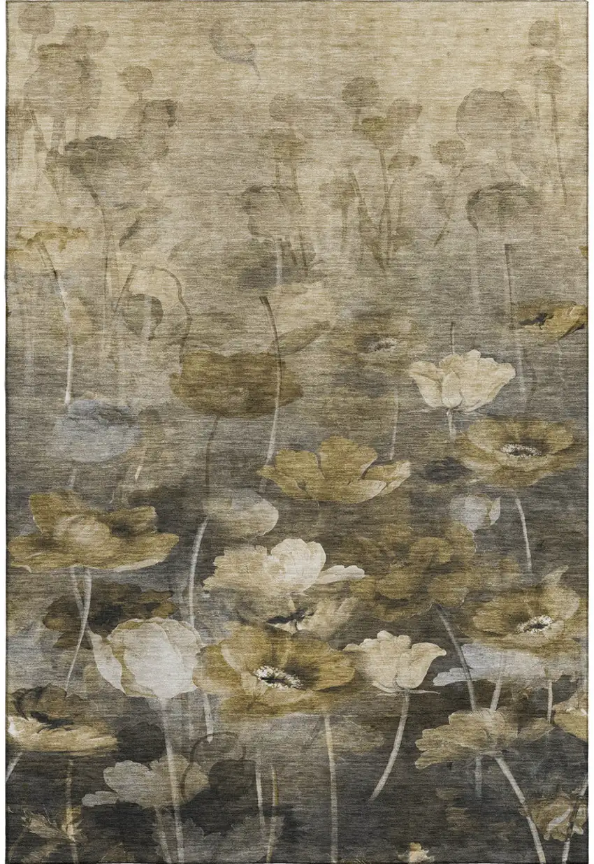 Taupe Gold And Ivory Floral Washable Area Rug With UV Protection Photo 1