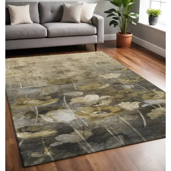 Taupe Gold And Ivory Floral Washable Area Rug With UV Protection Photo 2