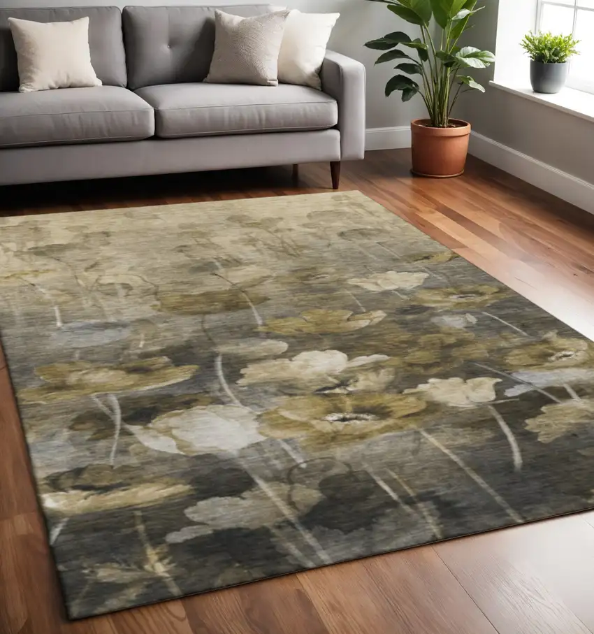 Taupe Gold And Ivory Floral Washable Area Rug With UV Protection Photo 2