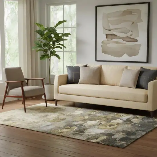Taupe Gold And Ivory Floral Washable Area Rug With UV Protection Photo 1