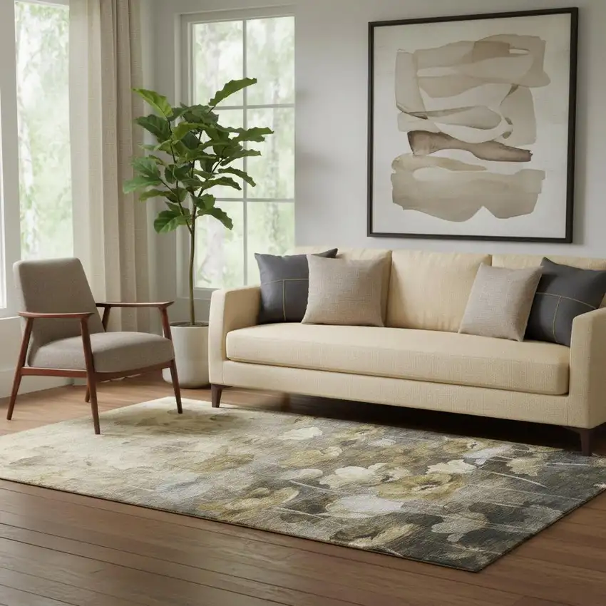 Taupe Gold And Ivory Floral Washable Area Rug With UV Protection Photo 1