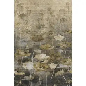 Photo of Taupe Gold And Ivory Floral Washable Area Rug With UV Protection