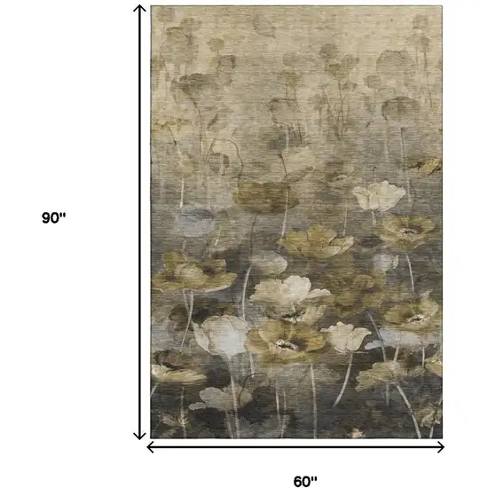 Taupe Gold And Ivory Floral Washable Area Rug With UV Protection Photo 9