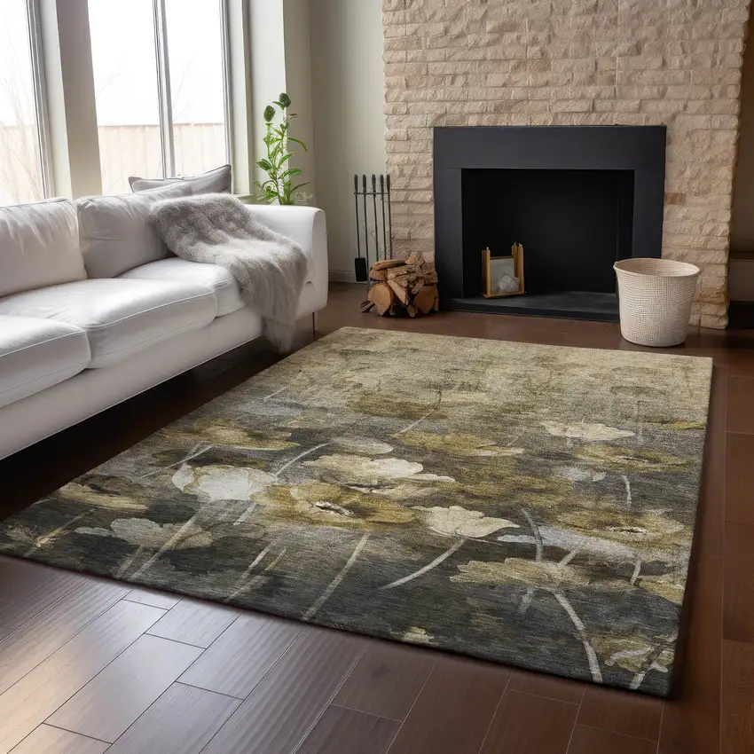 Taupe Gold And Ivory Floral Washable Area Rug With UV Protection Photo 4