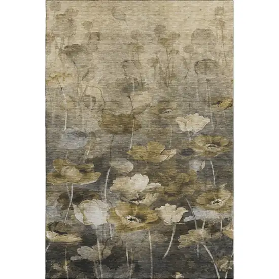 Taupe Gold And Ivory Floral Washable Area Rug With UV Protection Photo 1