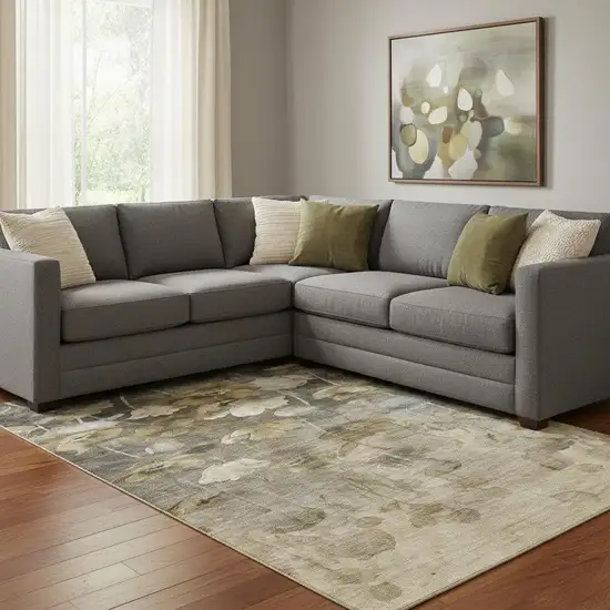 Taupe Gold And Ivory Floral Washable Area Rug With UV Protection Photo 1