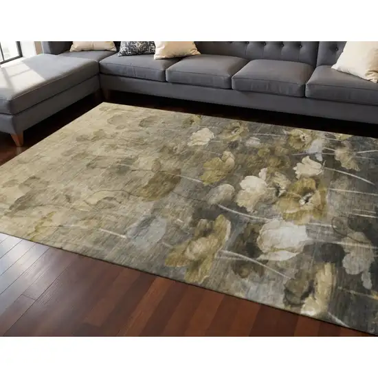 Taupe Gold And Ivory Floral Washable Area Rug With UV Protection Photo 2