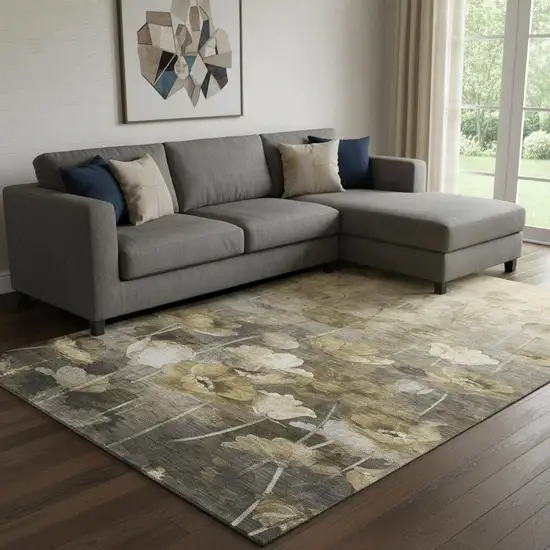 Taupe Gold And Ivory Floral Washable Area Rug With UV Protection Photo 1