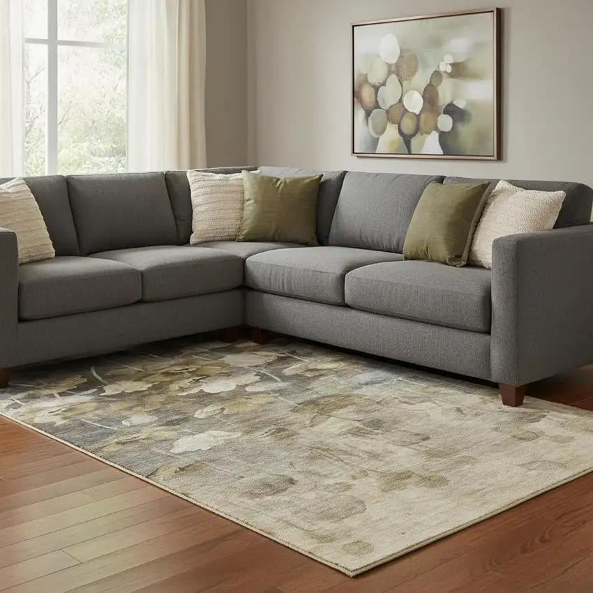 Taupe Gold And Ivory Floral Washable Area Rug With UV Protection Photo 1