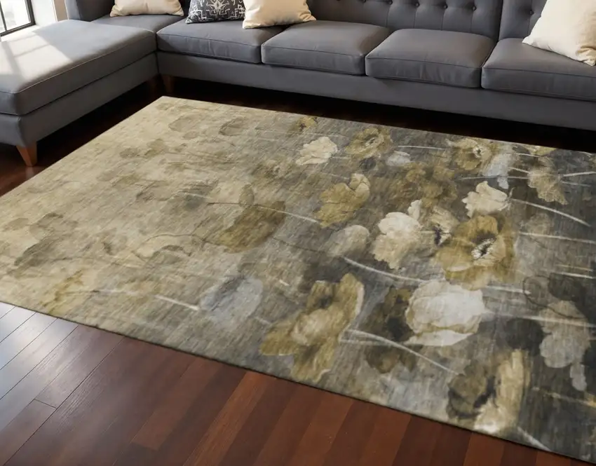 Taupe Gold And Ivory Floral Washable Area Rug With UV Protection Photo 2