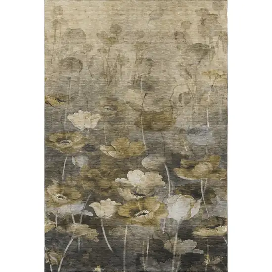 Taupe Gold And Ivory Floral Washable Area Rug With UV Protection Photo 3