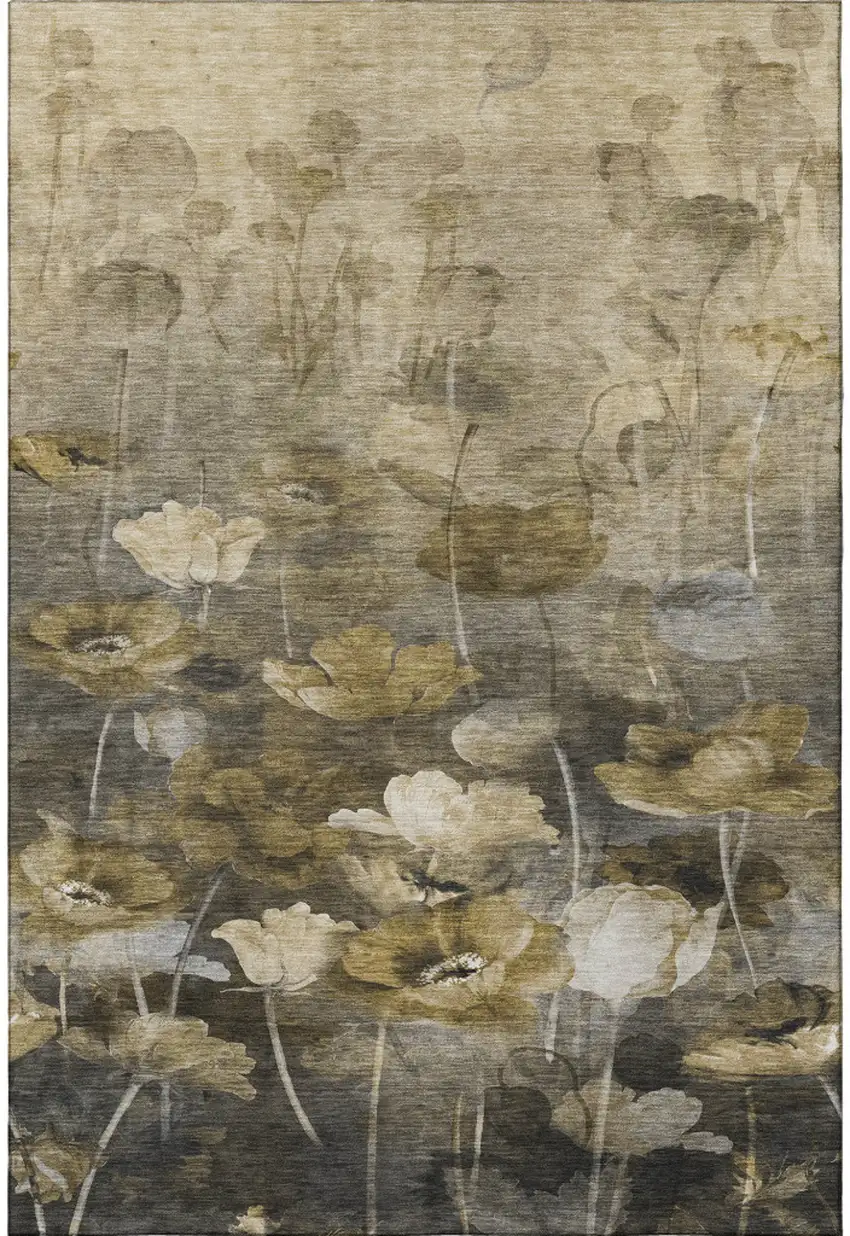 Taupe Gold And Ivory Floral Washable Area Rug With UV Protection Photo 3