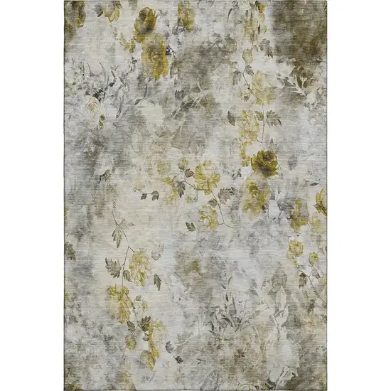 Taupe Gold And Ivory Floral Washable Area Rug With UV Protection Photo 1